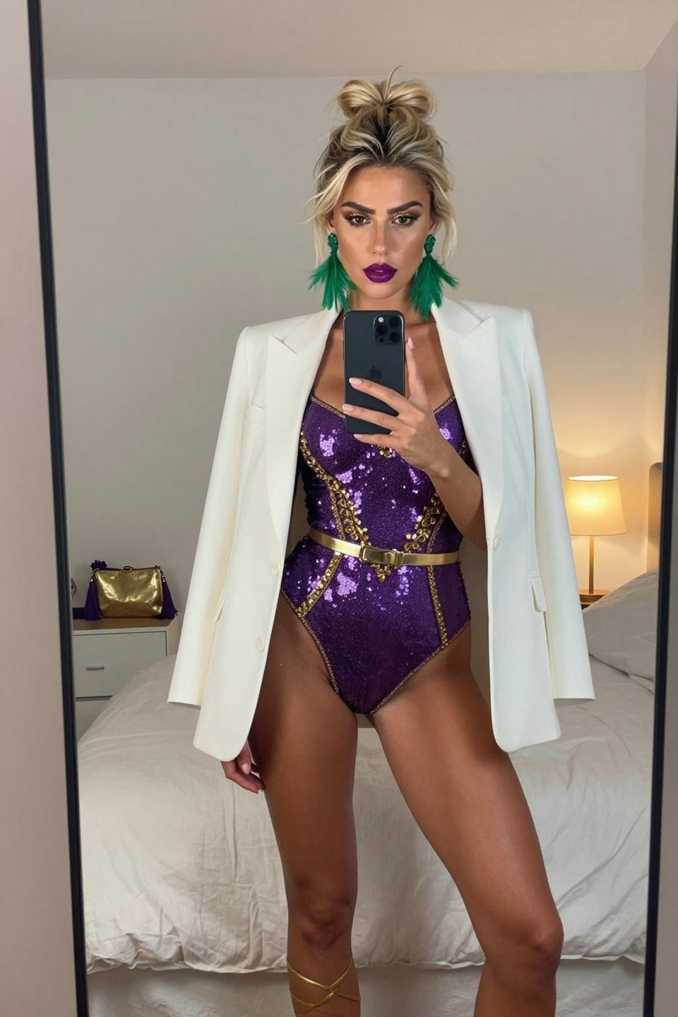 Mardi Gras outfits with structured blazer and sequin bodysuit