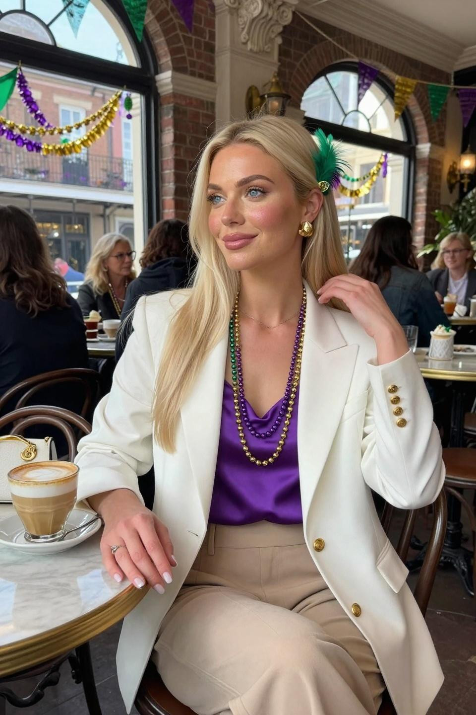 Mardi Gras outfits with minimalist white blazer and purple silk