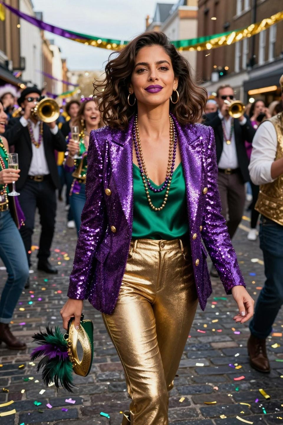 Mardi Gras outfits with sequin blazer and metallic pants