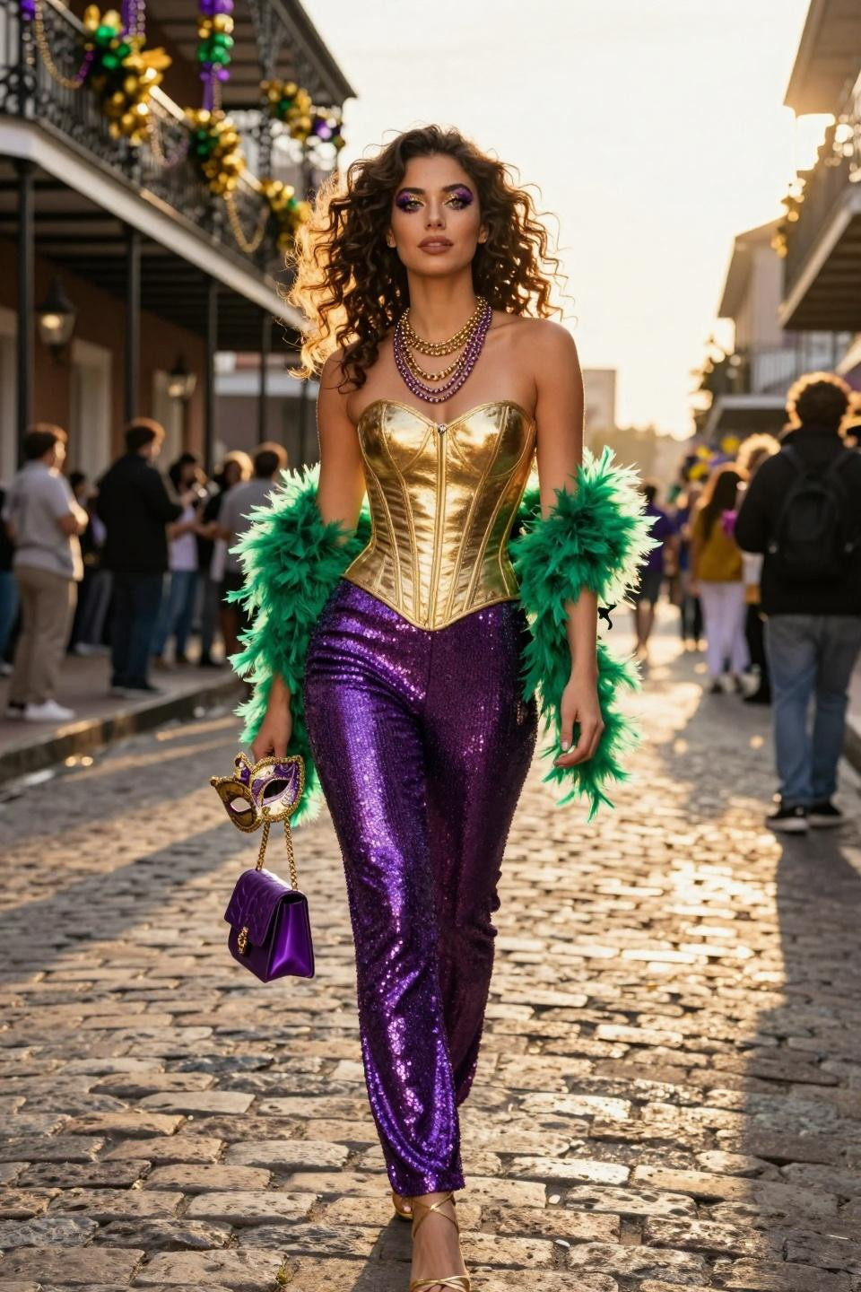 Mardi Gras outfits with gold metallic corset and purple pants