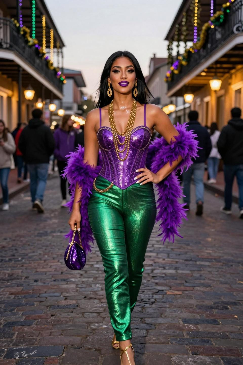 Mardi Gras outfits with purple sequin corset and gold details