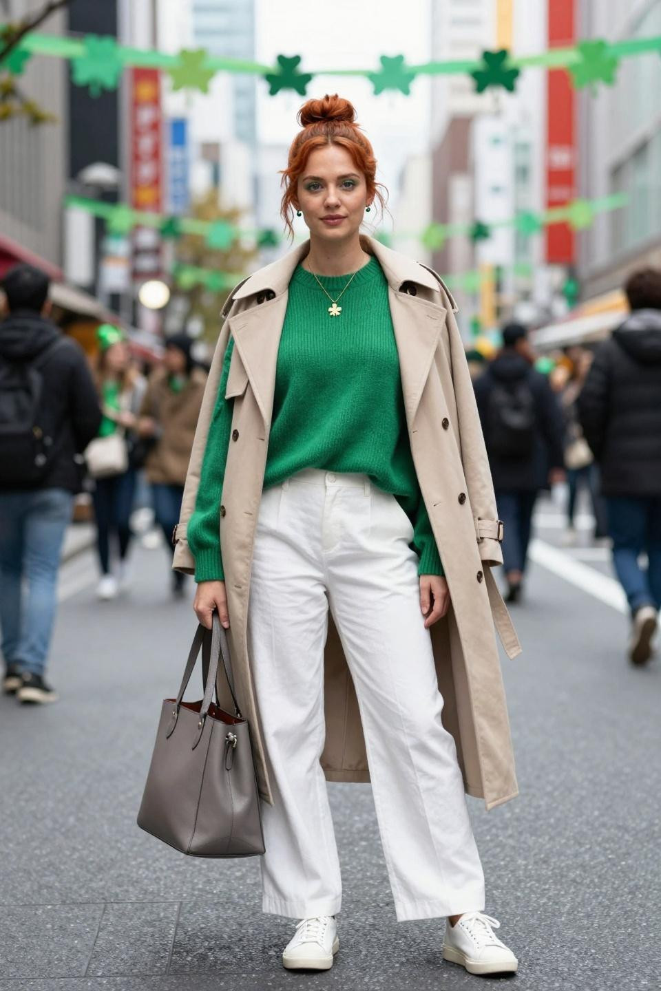 St. Patrick's Day outfits with St Paddys Day baddie emerald cashmere and beige trench