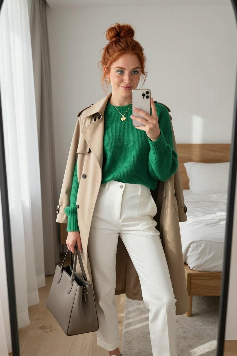 St. Patrick's Day outfits with shamrock emerald cashmere and tailored white pants