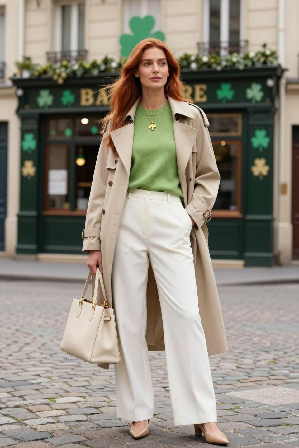 St. Patrick's Day outfits with pistachio monochrome cashmere and minimalist trousers