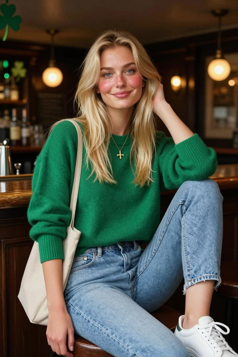 St. Patrick's Day outfits with lime green cashmere sweater and relaxed jeans
