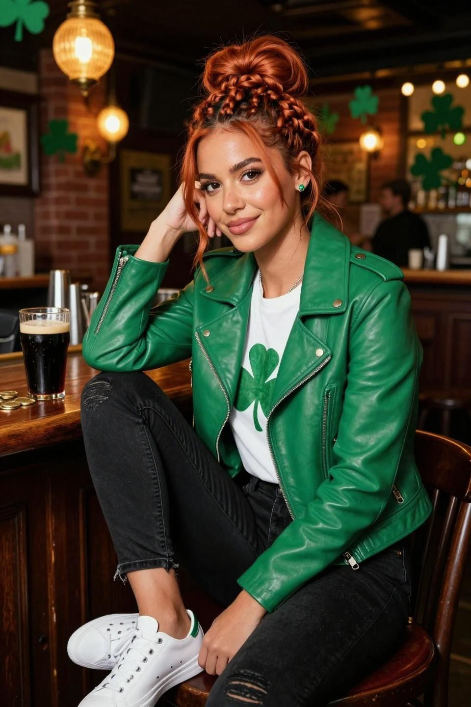 St. Patrick's Day outfits with Irish pub emerald leather jacket and vintage tee