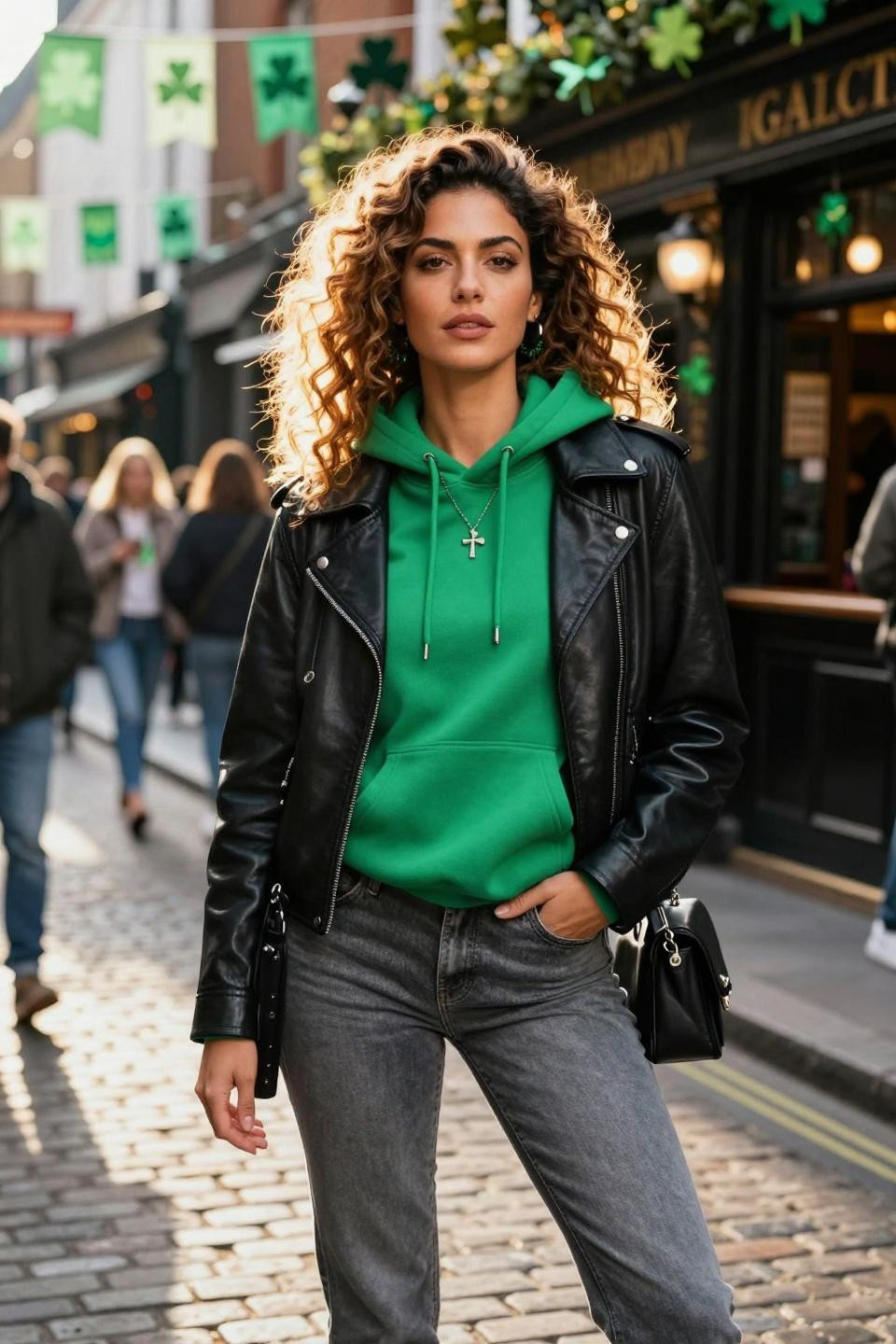 St. Patrick's Day outfits with lucky green hoodie and leather jacket
