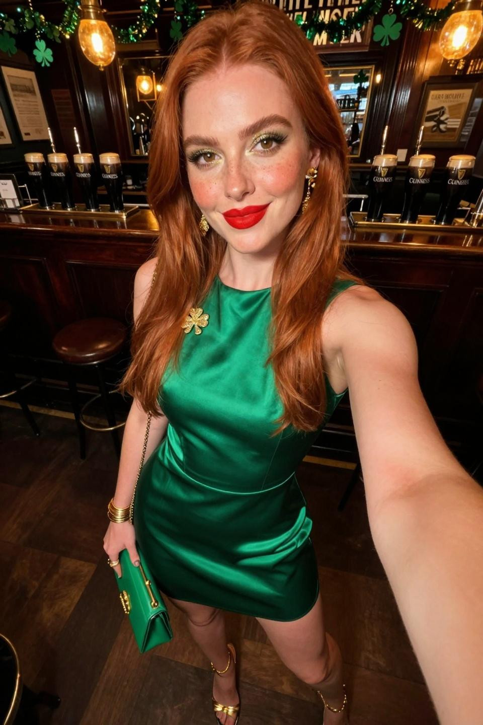 St. Patrick's Day outfits with lime green satin mini dress for Irish pub