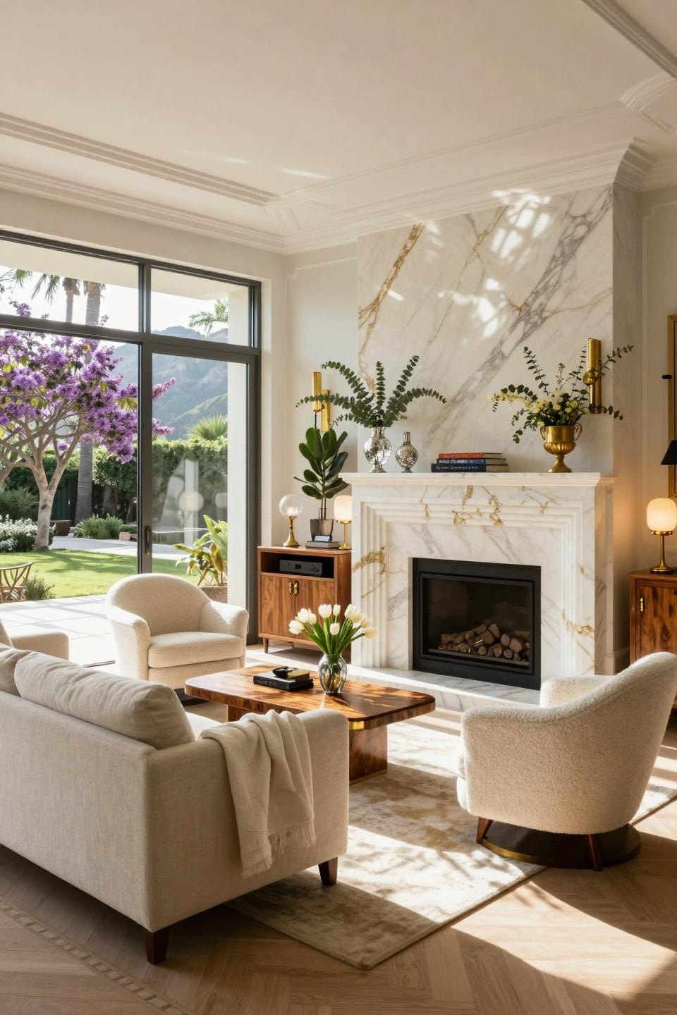 Rustic spring decor with book-matched Calacatta marble and brass sconces