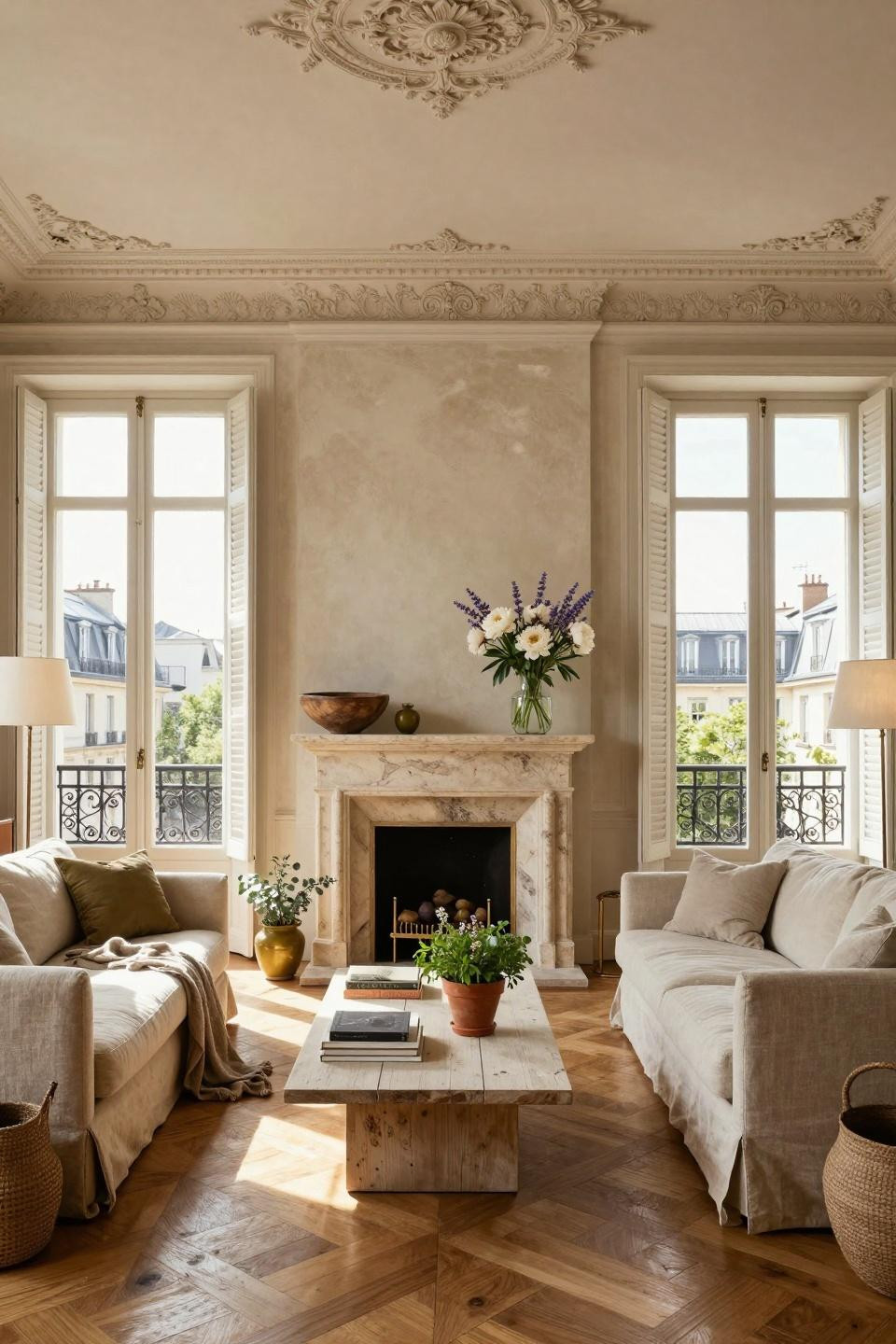 Rustic spring decor with Beaumanière limestone fireplace and coastal botanicals