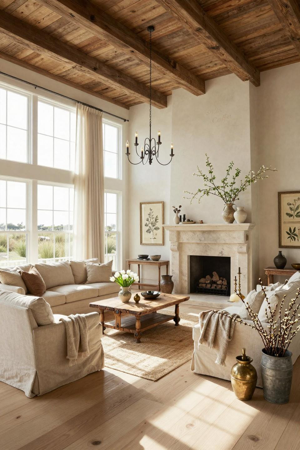 Rustic spring decor with hand-carved limestone fireplace and vintage farmhouse chairs