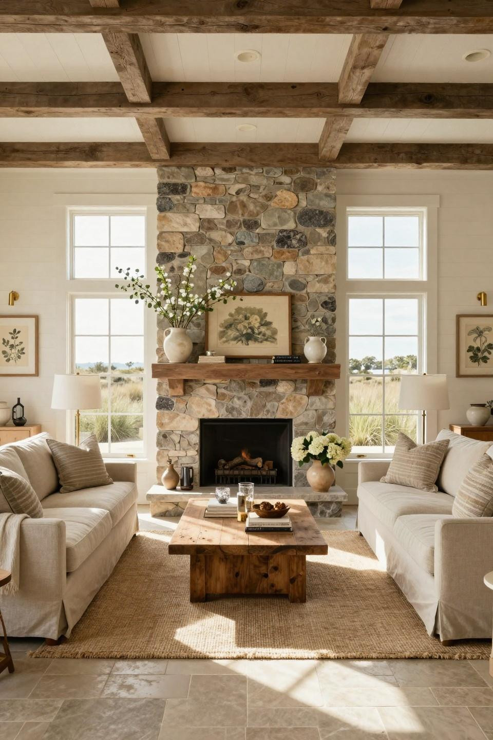 Rustic spring decor with French limestone fireplace and coastal farmhouse styling