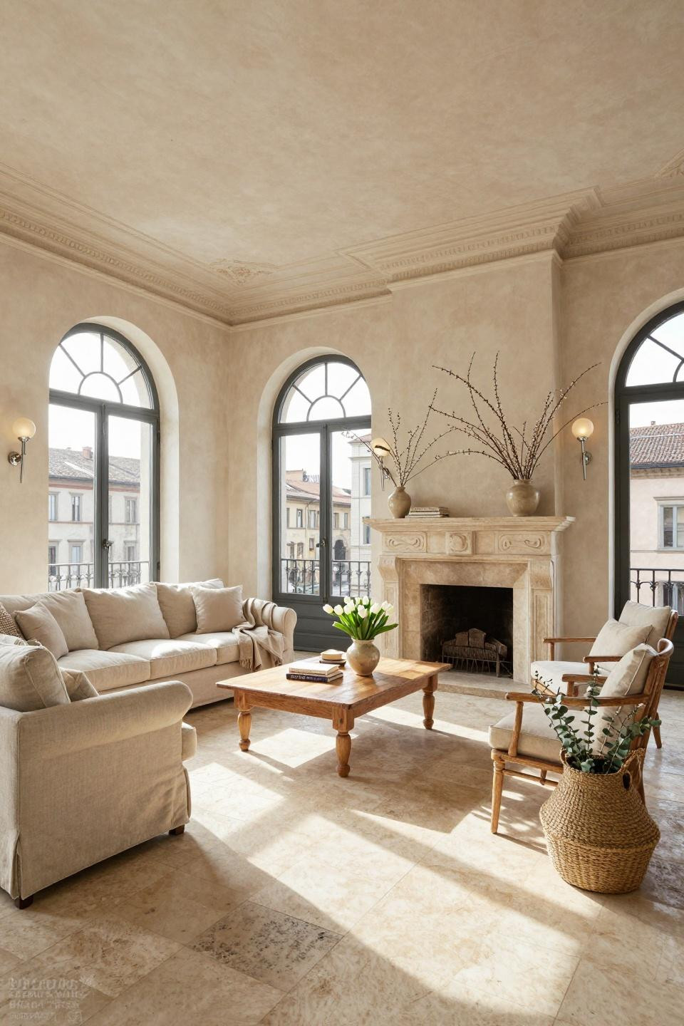 Rustic spring decor with hand-carved limestone fireplace and French oak furniture