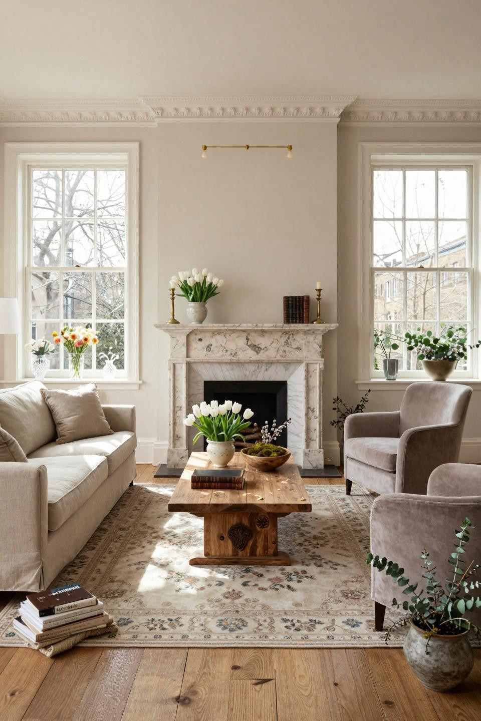 Rustic spring decor with reclaimed limestone mantel and English oak floors