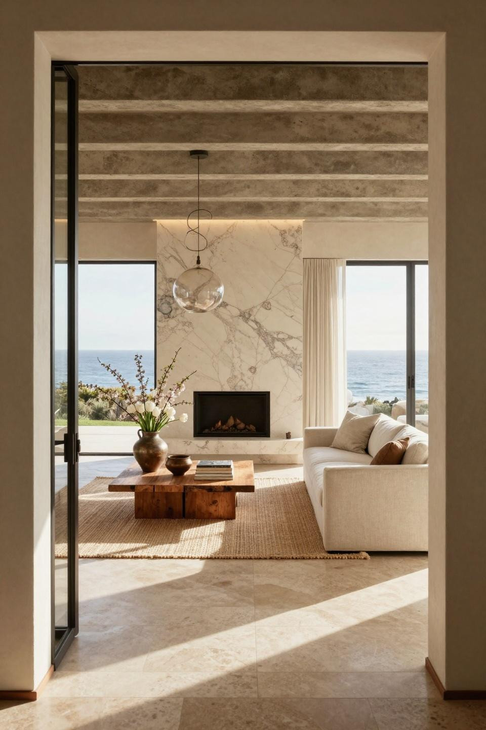 Rustic spring decor with book-matched travertine and ocean terrace views