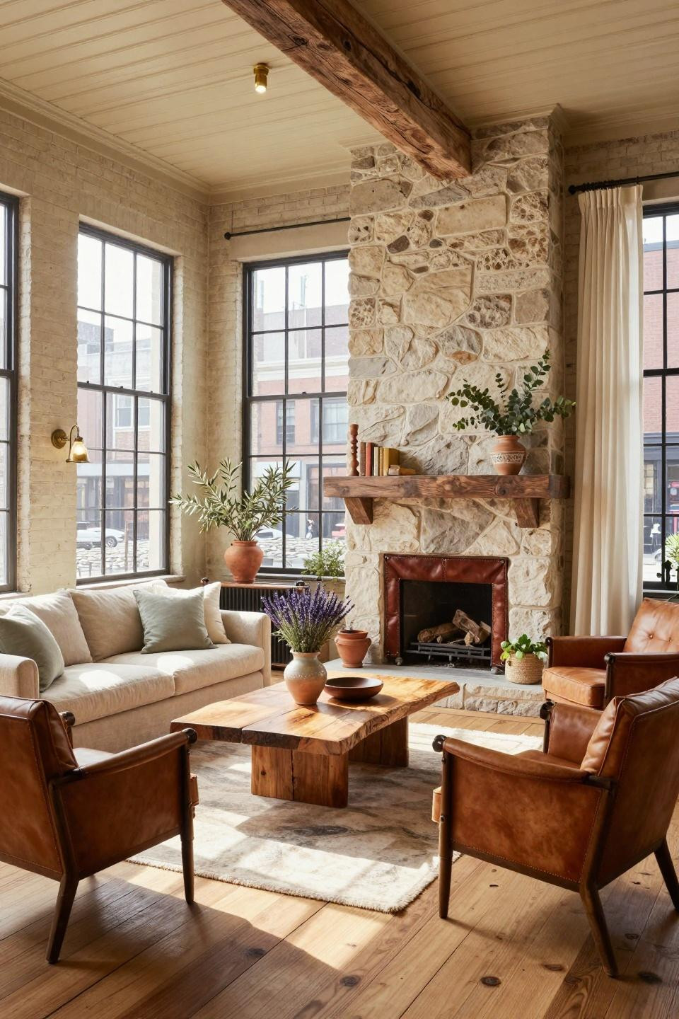 Rustic spring decor with saddle leather fireplace and French bistro chairs