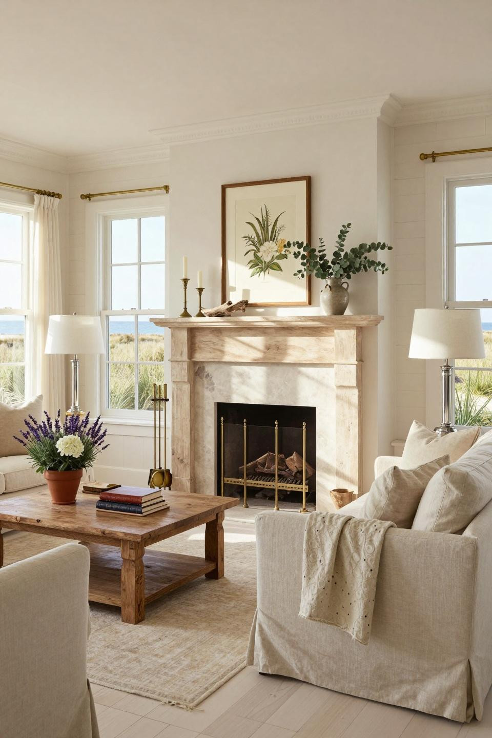 Rustic spring decor with reclaimed limestone fireplace and coastal botanicals