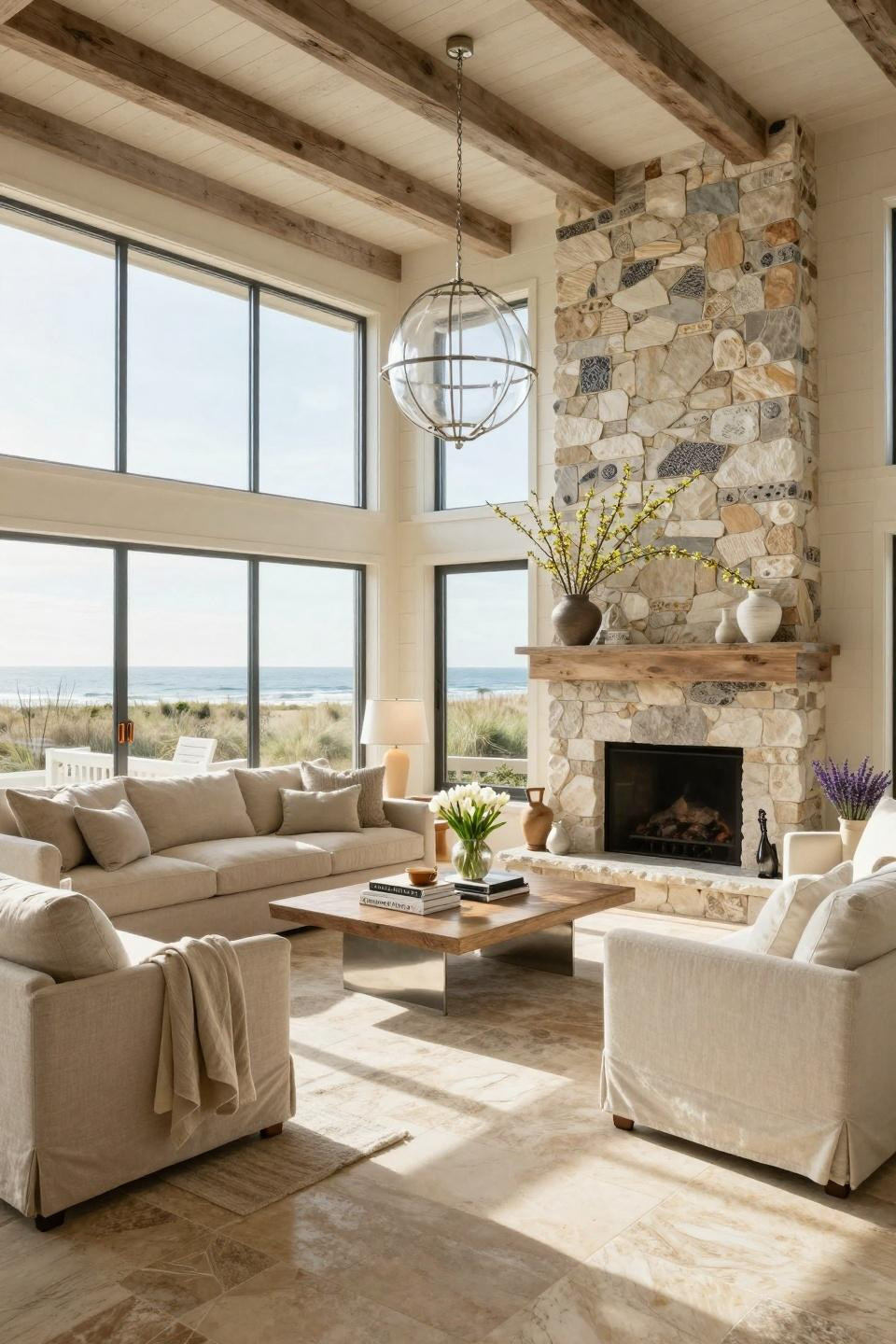 Rustic spring decor with reclaimed French limestone and ocean views