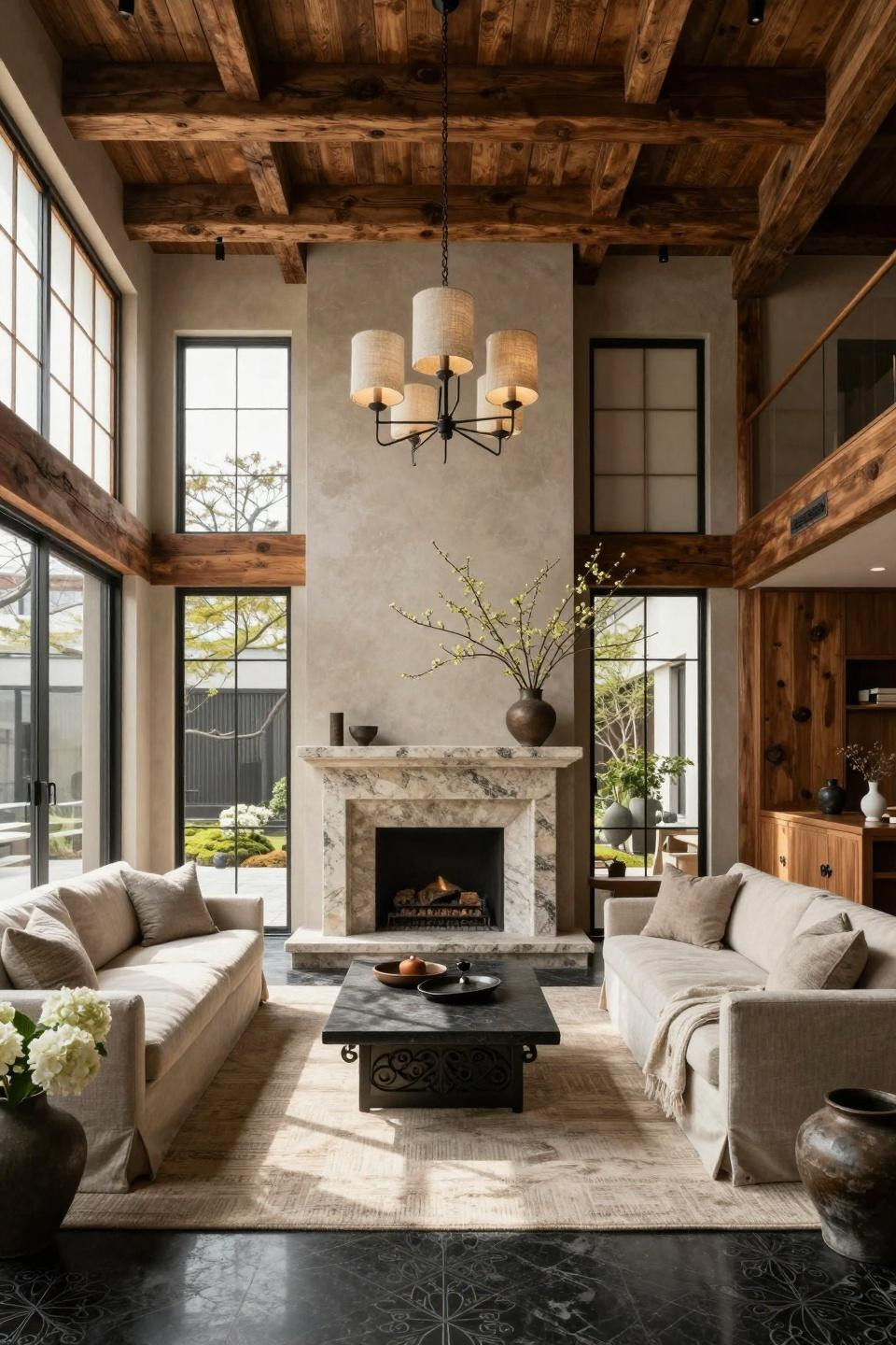 Rustic spring decor with custom granite fireplace and Belgian linen settee
