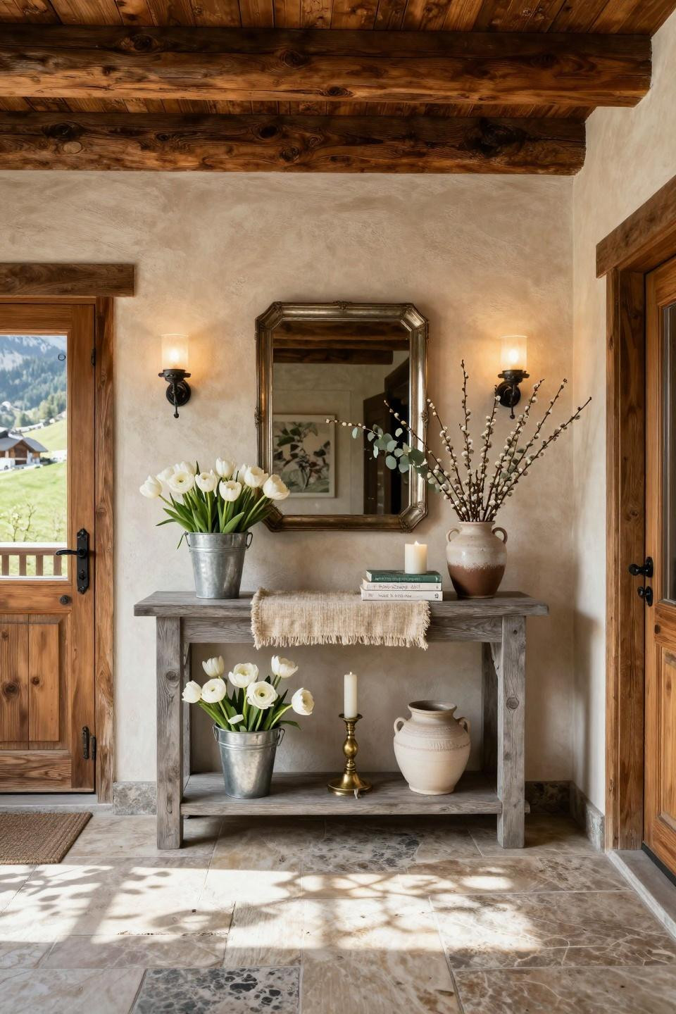 Spring entryway decor with Restoration Hardware console and alpine botanicals