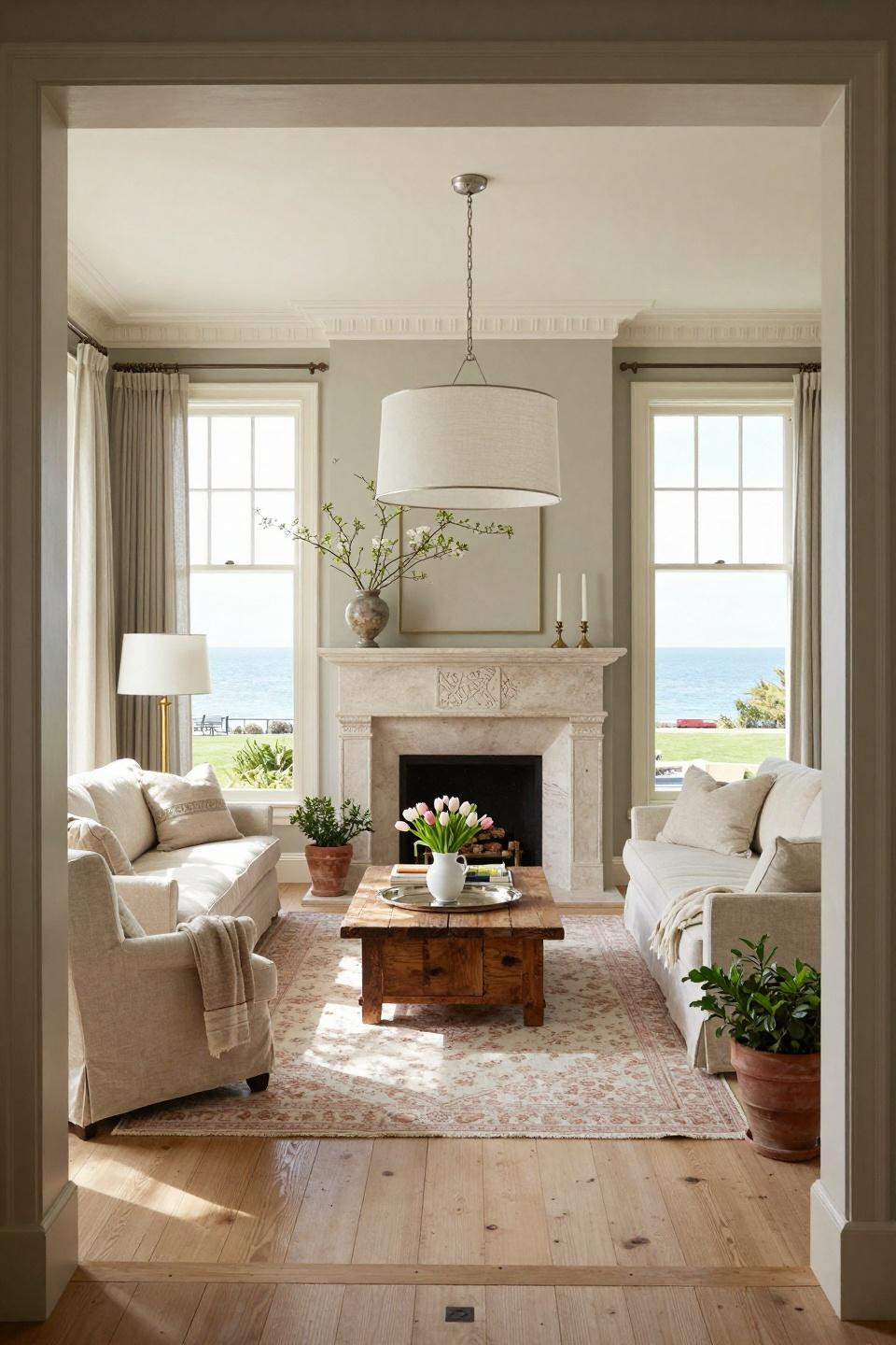 Farmhouse spring decor with French limestone fireplace and Belgian linen sofa