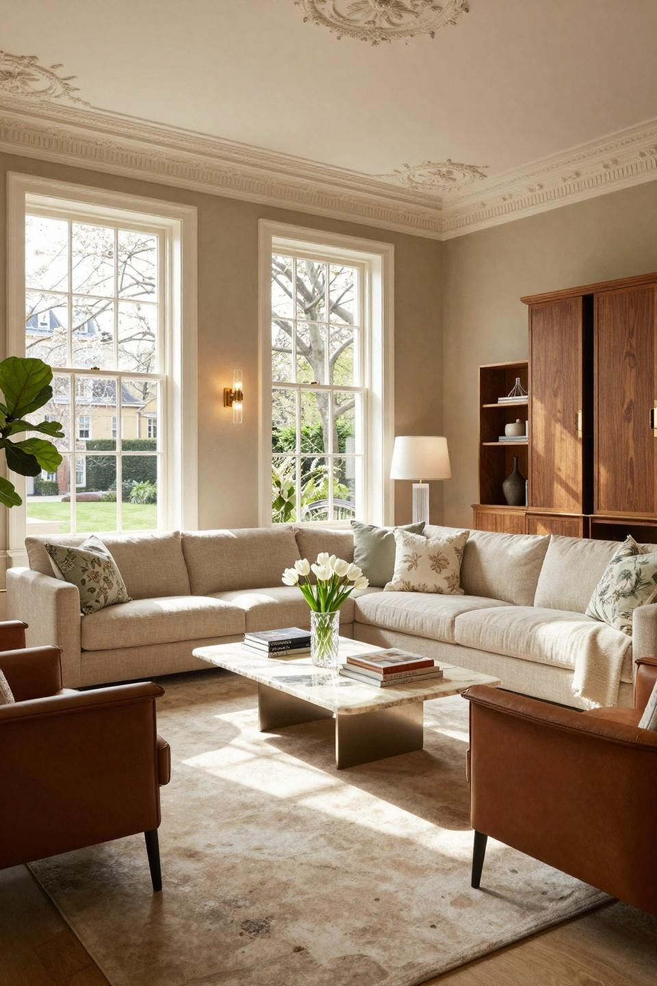 Neutral spring decor with Poliform sectional and French limestone floors