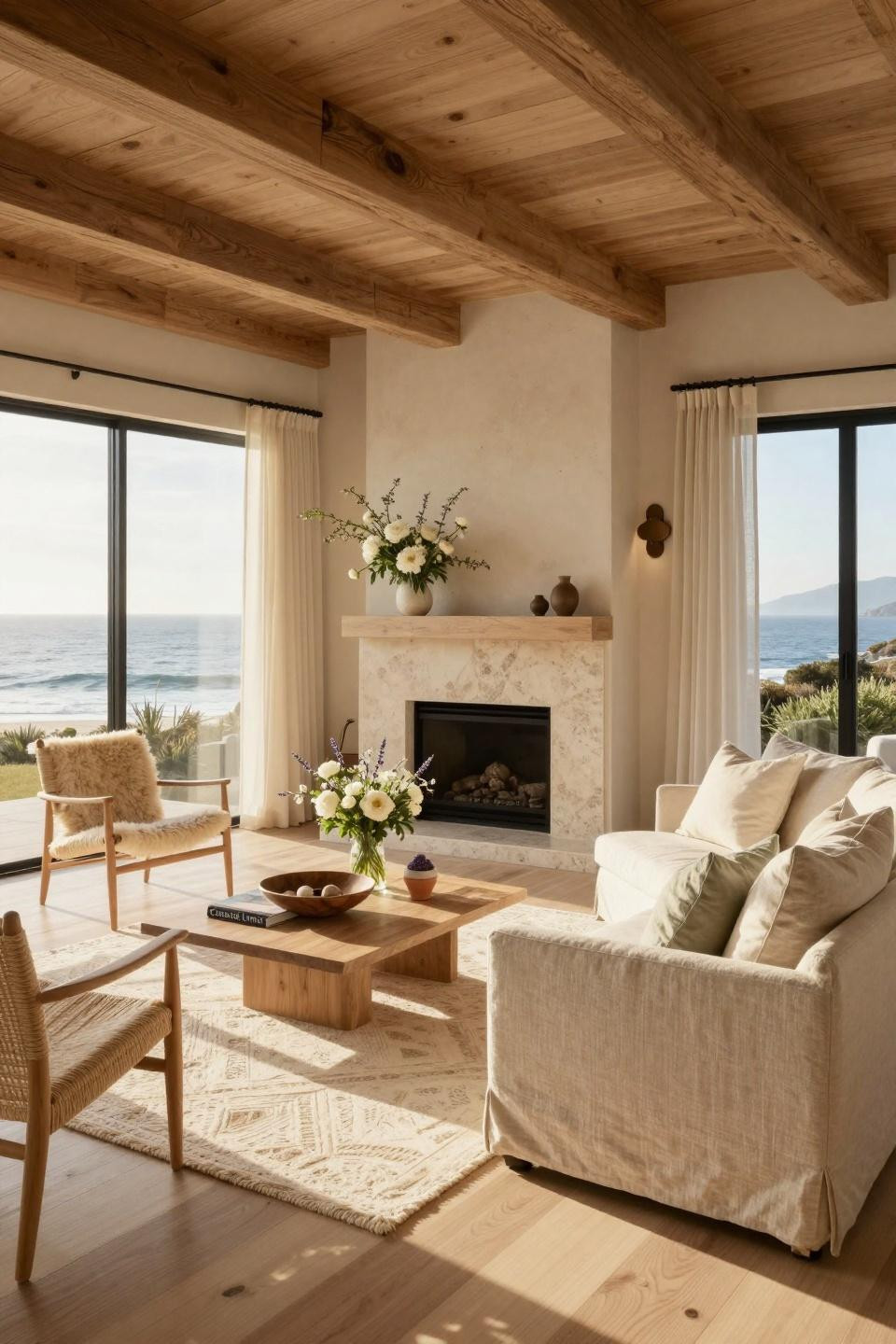 Spring decorating ideas DIY with travertine fireplace and coastal botanicals