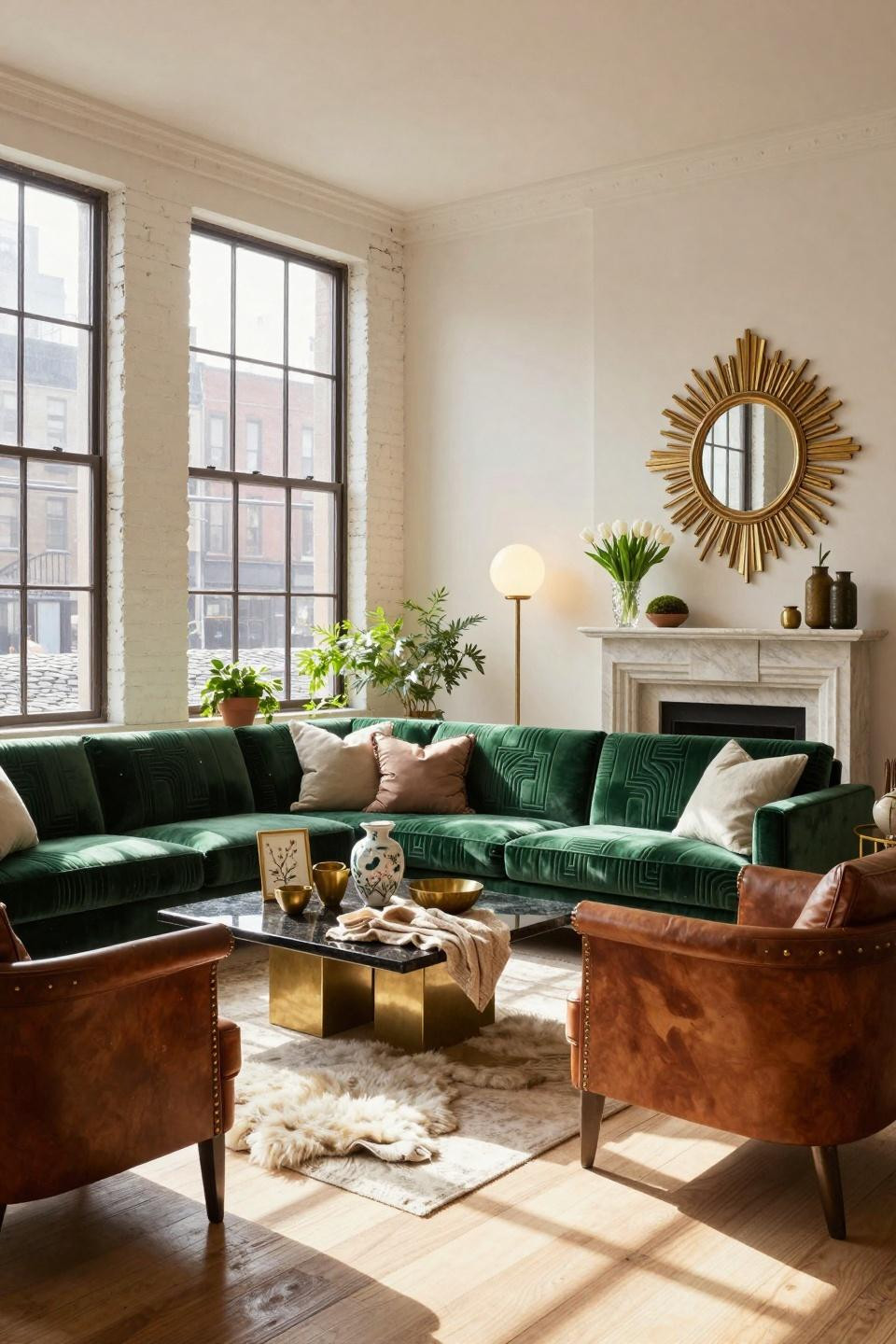 Early spring decor with emerald velvet sofa and brass sunburst mirror