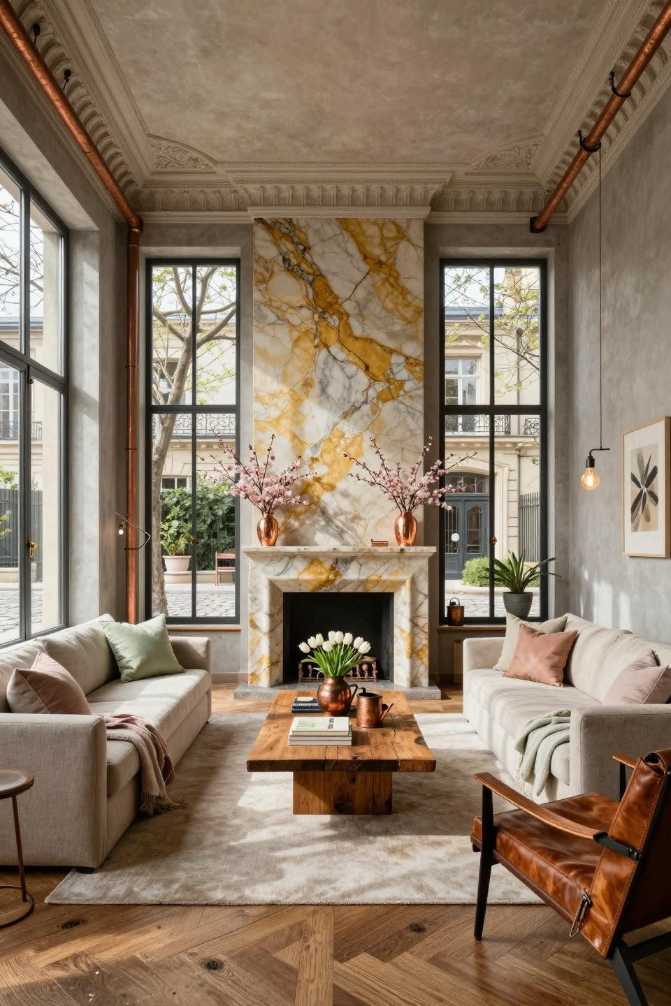 Simple spring decor with golden-veined quartzite fireplace and industrial copper fixtures