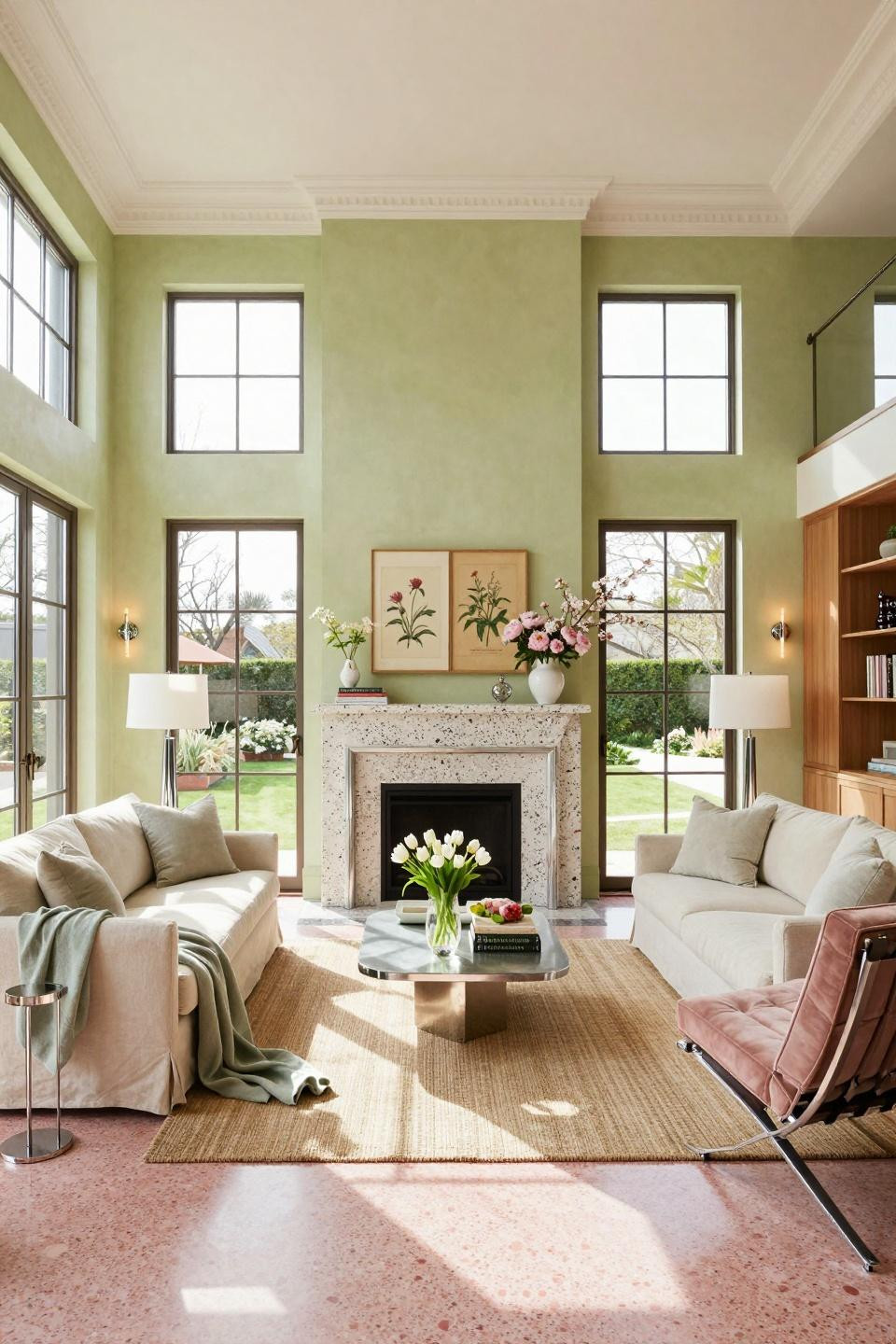 Spring kitchen decor with terrazzo fireplace and fresh peonies in crystal vases