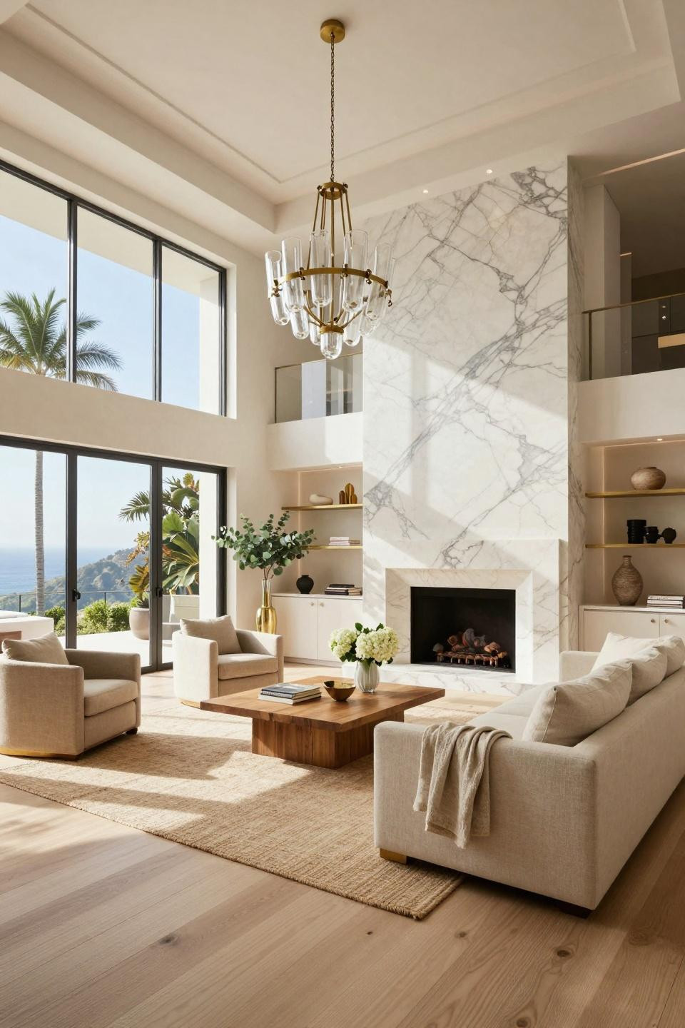 Spring house decorations with book-matched Calacatta Gold marble fireplace and coastal botanicals