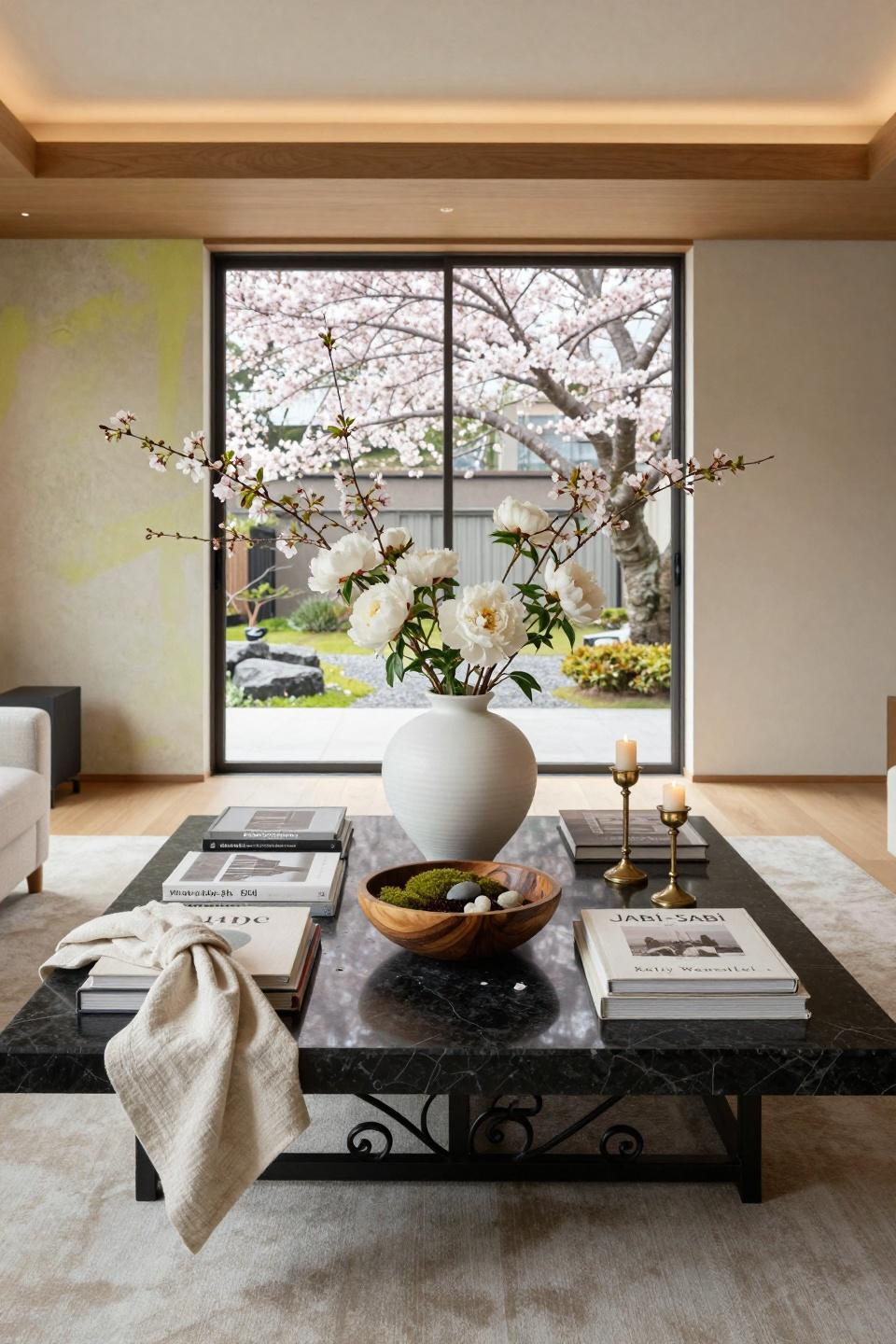 Rustic spring decor with cherry blossoms in ceramic vase on honed granite coffee table