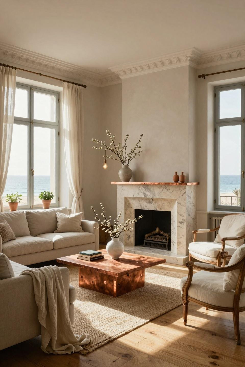 Rustic spring decor with honey quartzite fireplace and copper accents