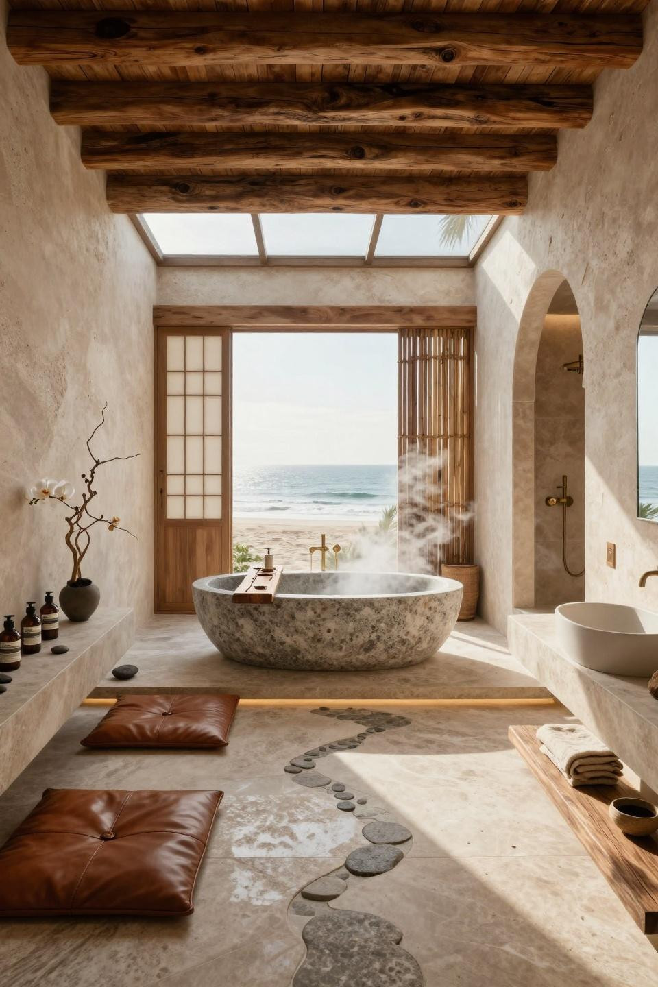 Zen Spa Bathroom Ideas featuring custom-carved granite tub with ocean views