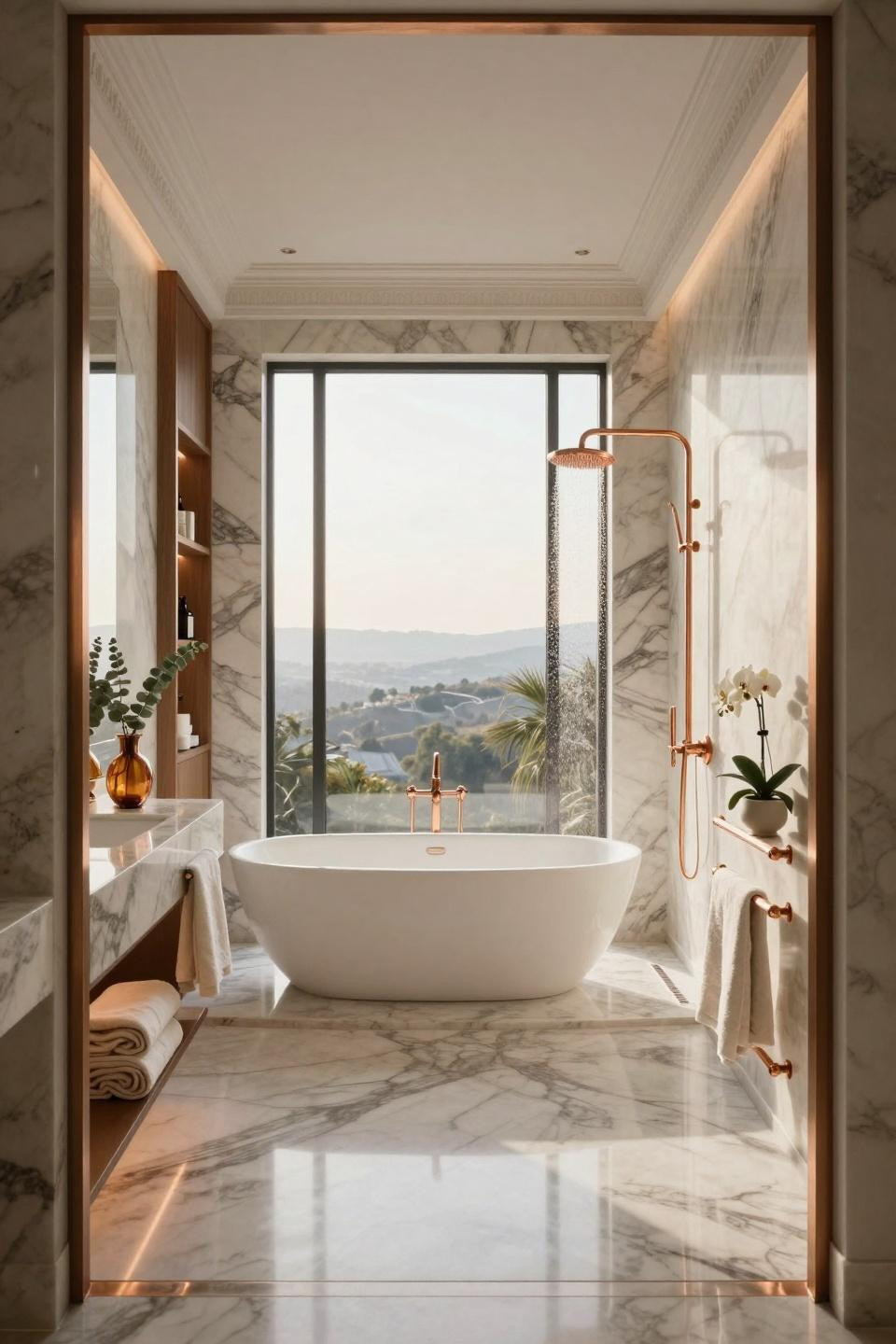 Zen Spa Bathroom Ideas with book-matched quartzite and Dornbracht copper fixtures