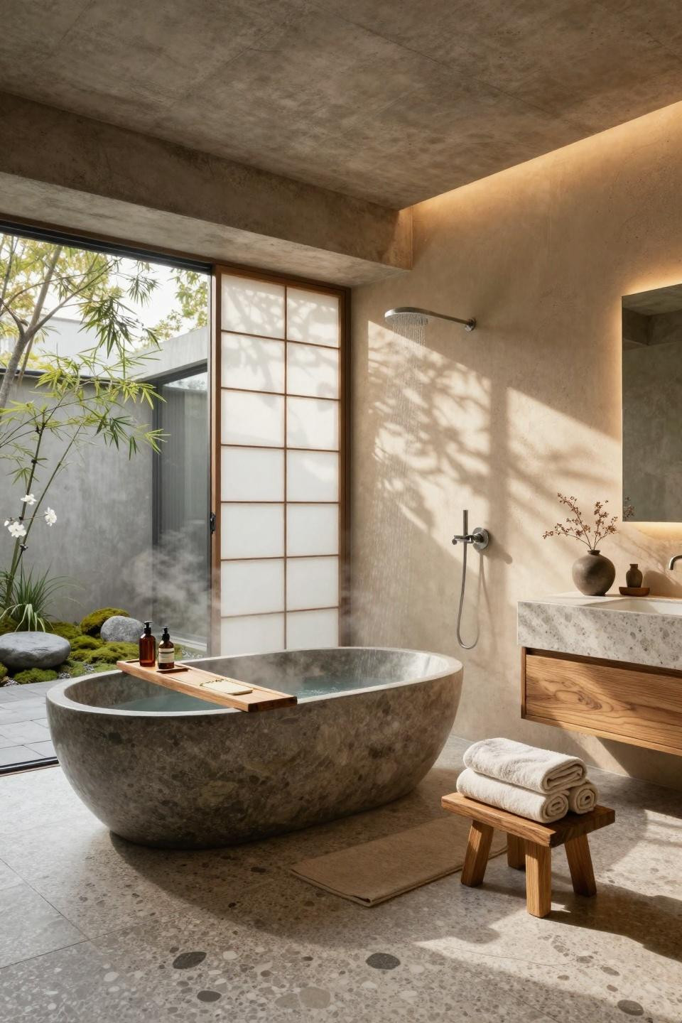 Zen Spa Bathroom Ideas featuring hand-carved basalt tub with moss garden views
