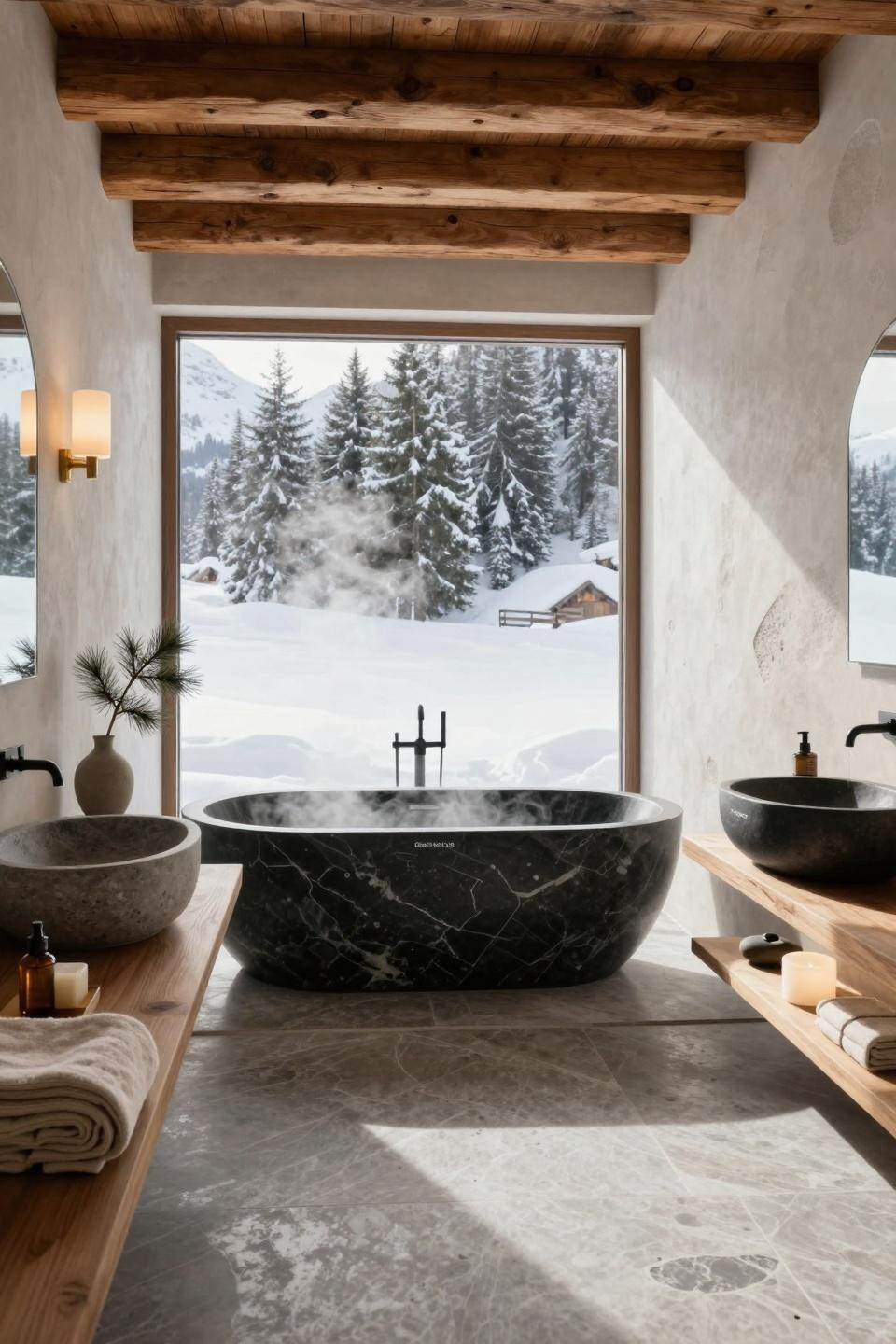 Zen Spa Bathroom Ideas featuring Nero Marquina marble tub in 300-year-old larch chalet