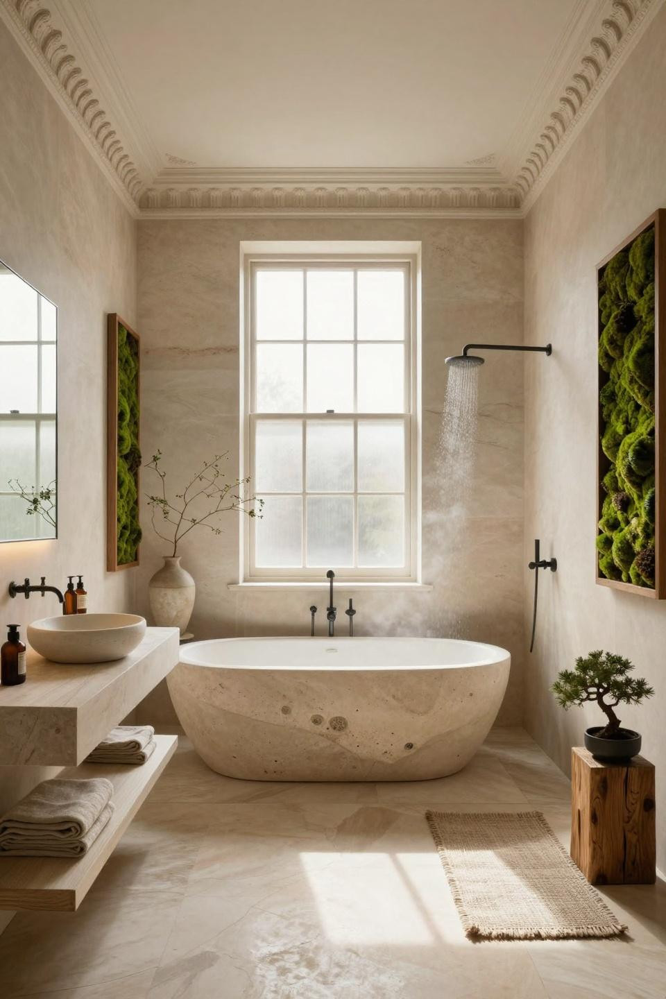 Luxury Spa Bathroom with hand-carved limestone tub and moss wall art