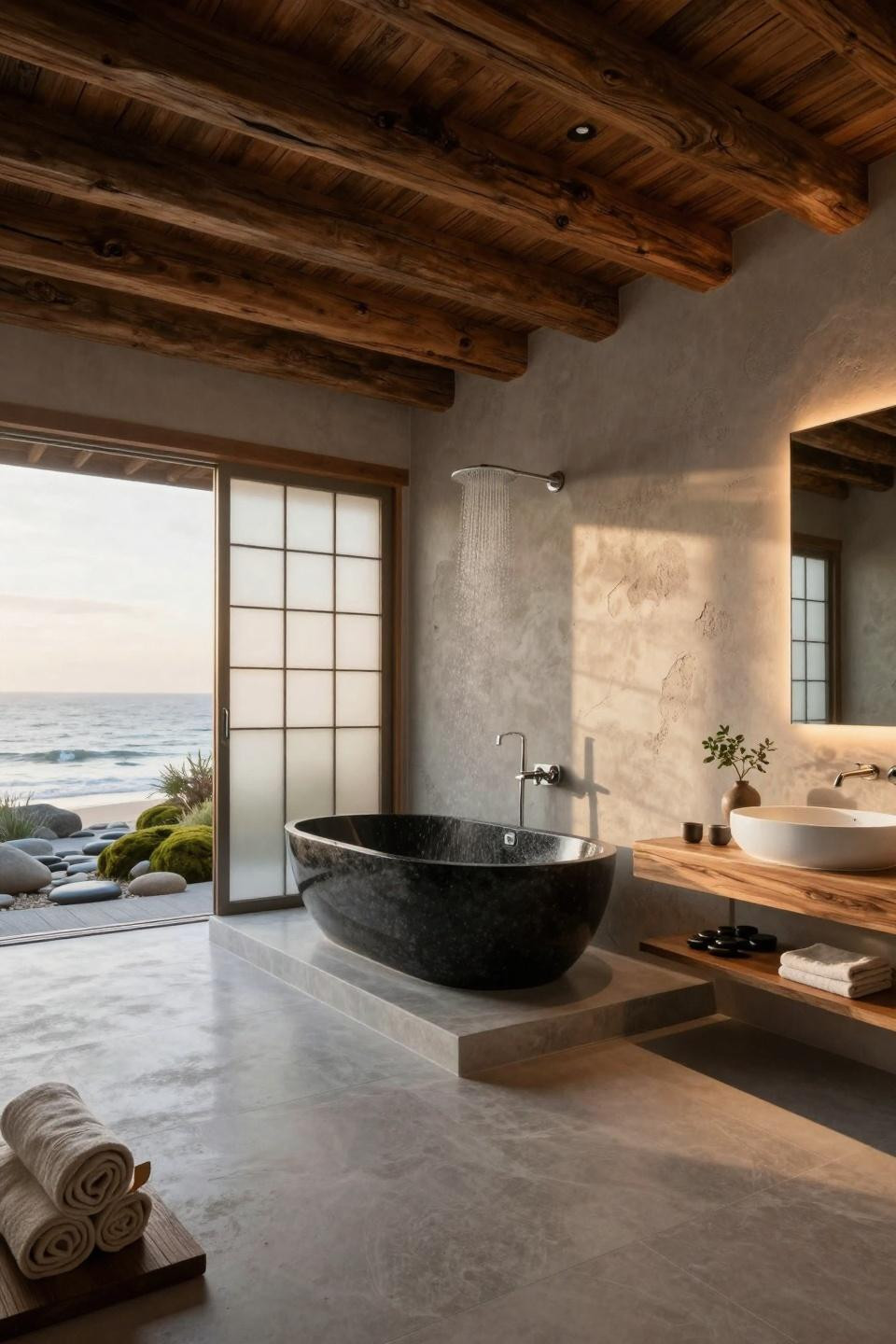 Wellness Bathroom featuring honed Absolute Black granite tub with Pacific views