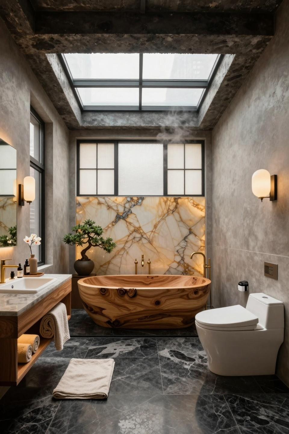 Small Spa Bathroom Ideas featuring Japanese hinoki wood tub with skylight