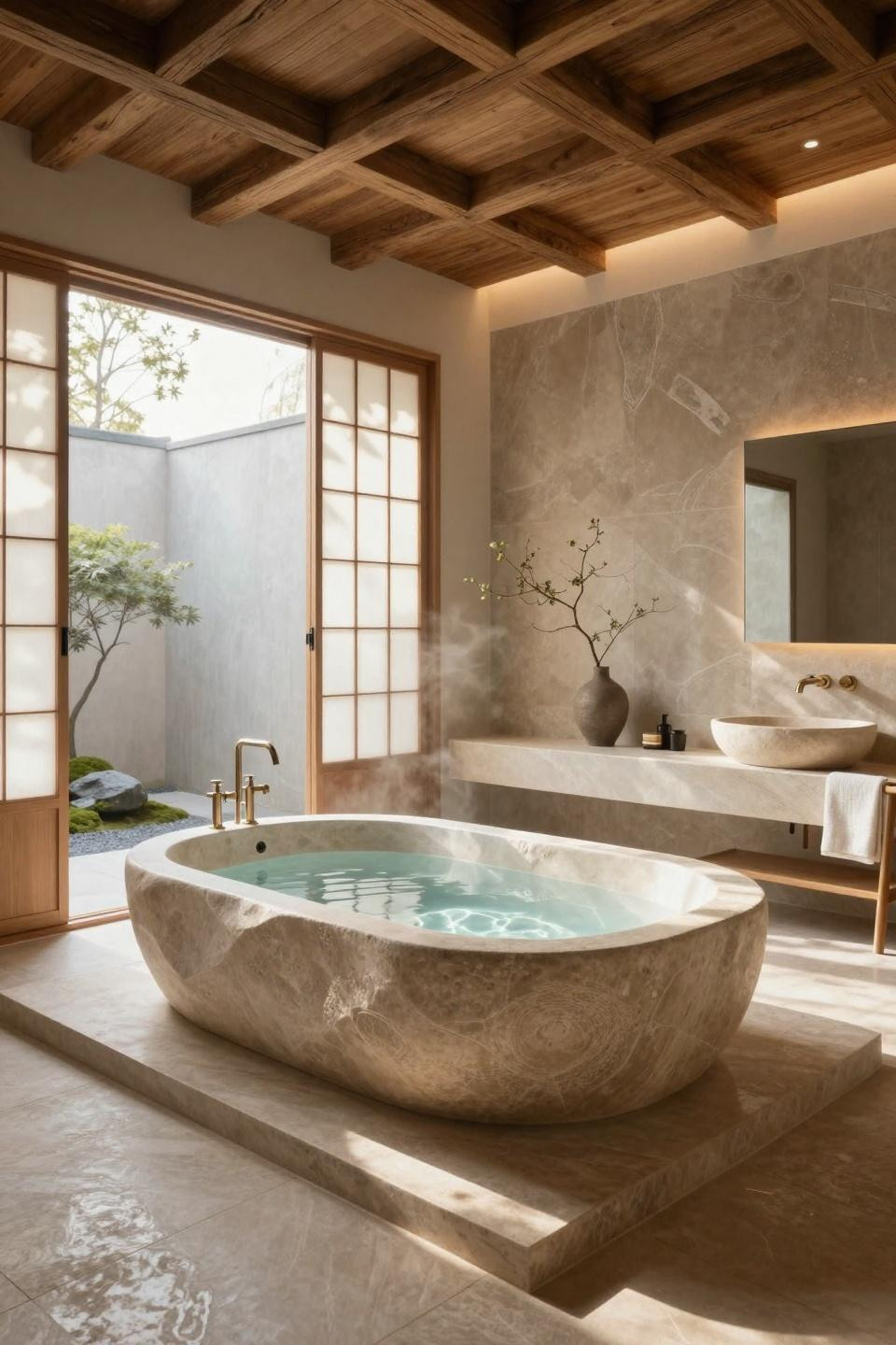 Spa Bathroom Design featuring custom limestone soaking tub on raised platform