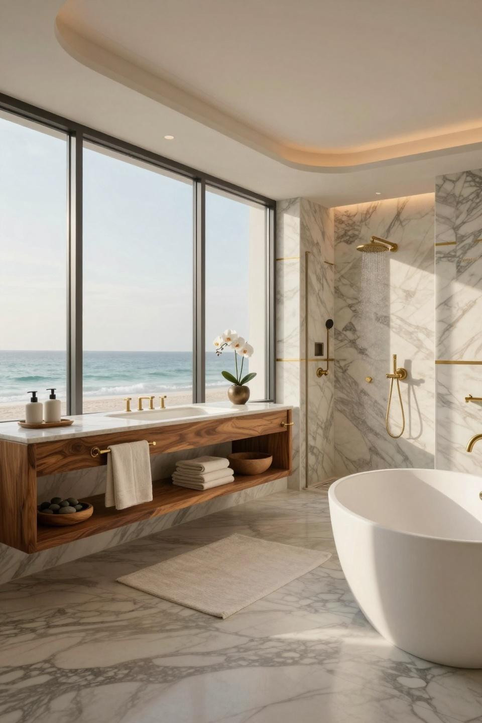 Spa Like Master Bath with walnut burl vanity and Calacatta Gold marble