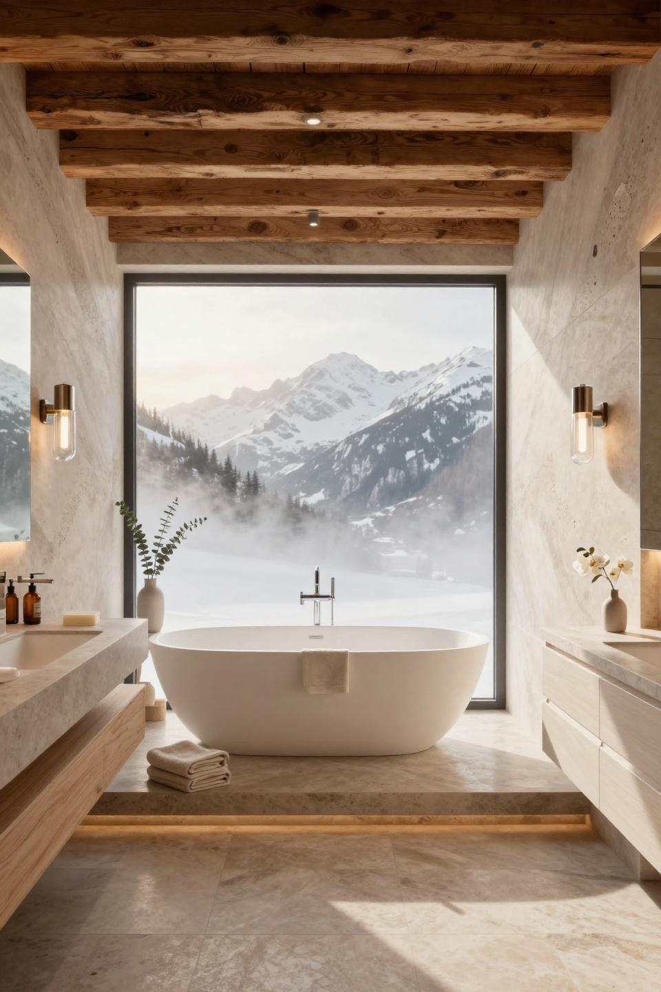 Beautiful Bathrooms showcasing cerused white oak vanity with mountain views