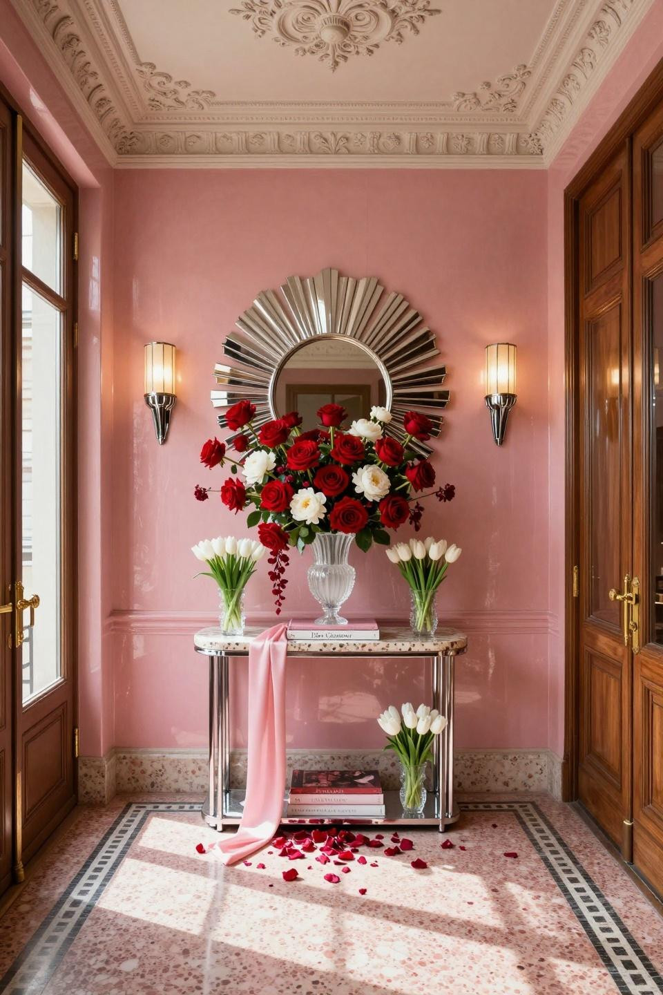Valentine Day Door Decorations Classroom with sculptural glass hearts and chrome console