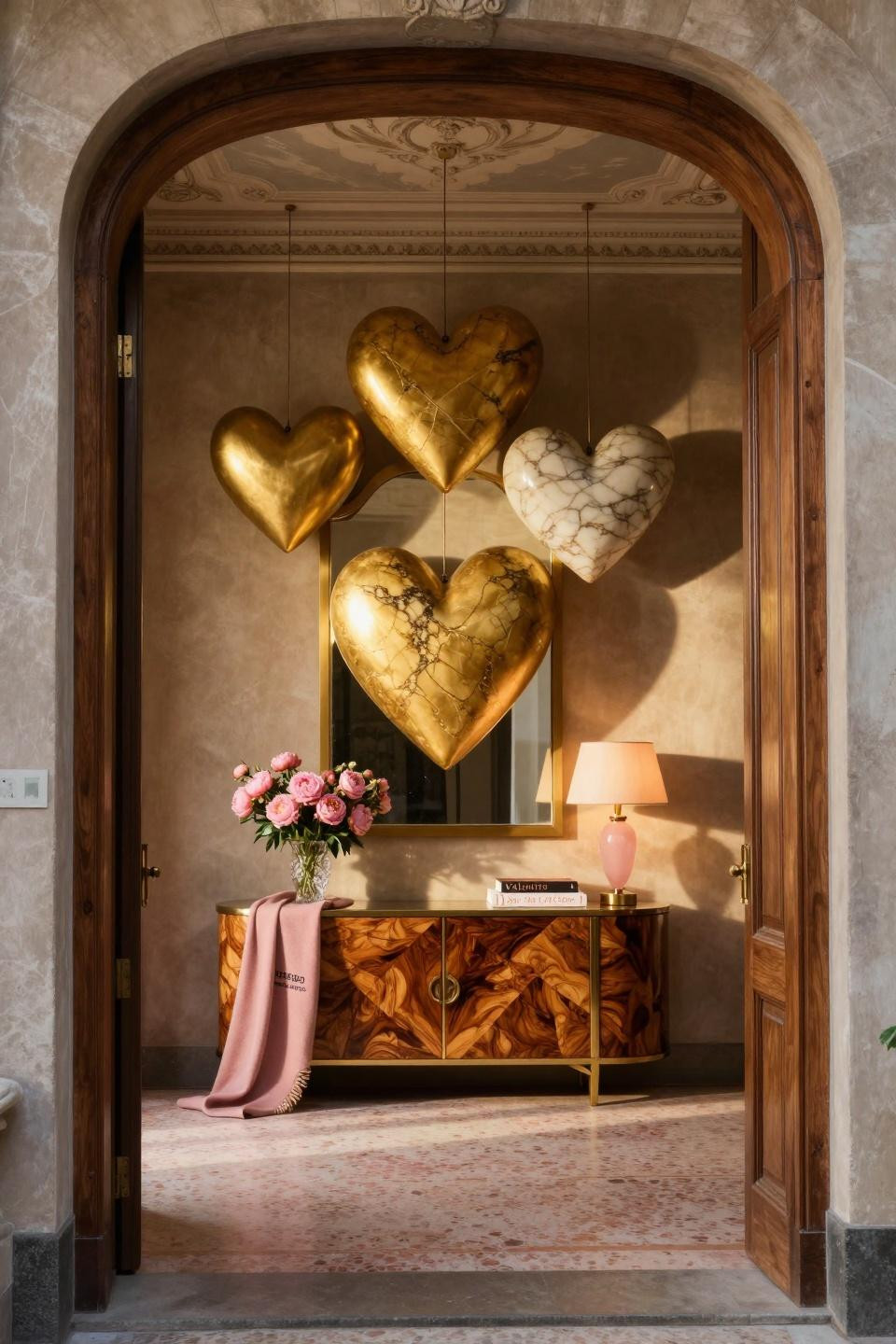 Valentine Day Door Decorations Classroom with Calacatta Gold marble heart sculptures