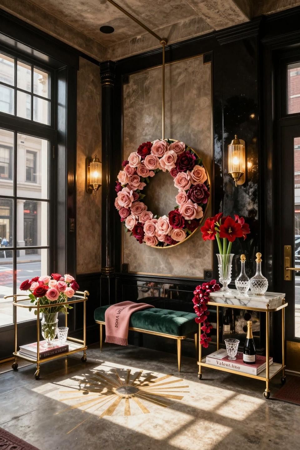 Valentine Day Door Decorations Classroom with blush velvet roses on polished brass