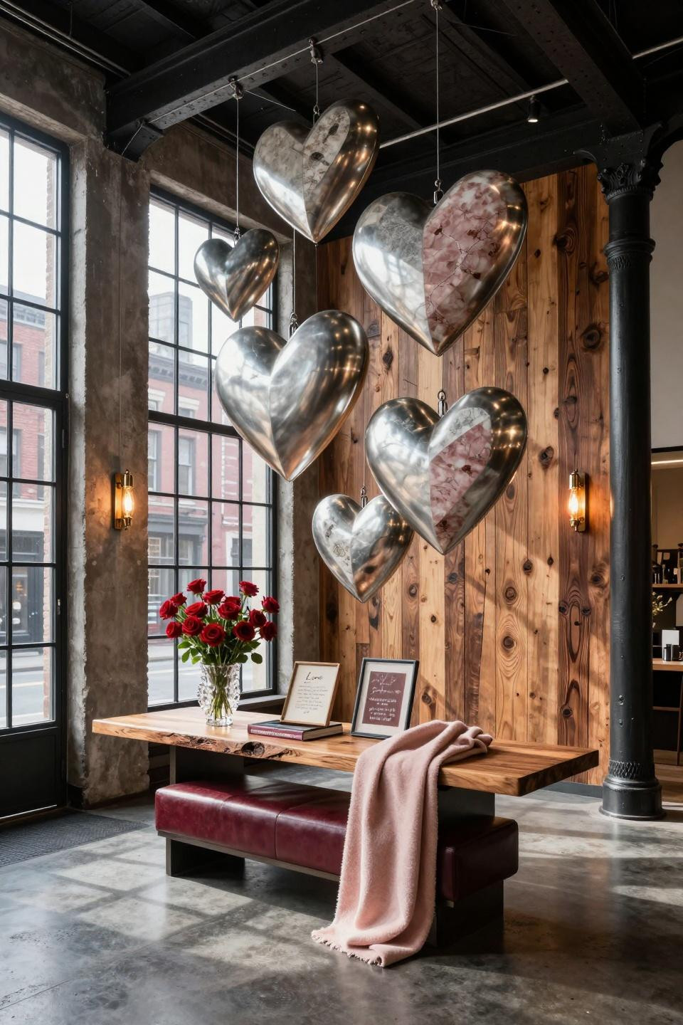 Valentine Day Door Decorations Classroom with suspended steel heart installation