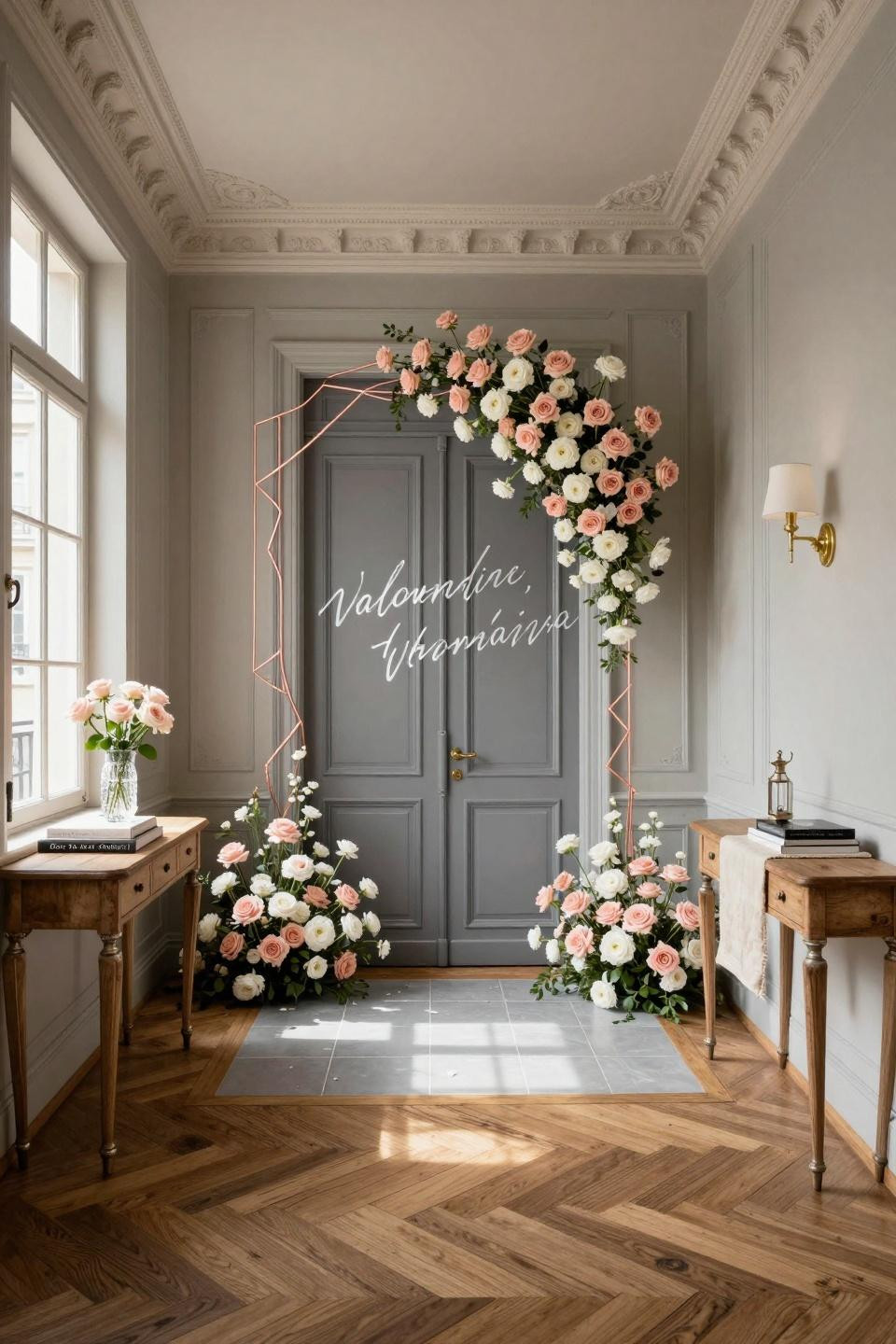 Valentine Day Door Decorations Classroom with cascading blush roses on rose gold wire