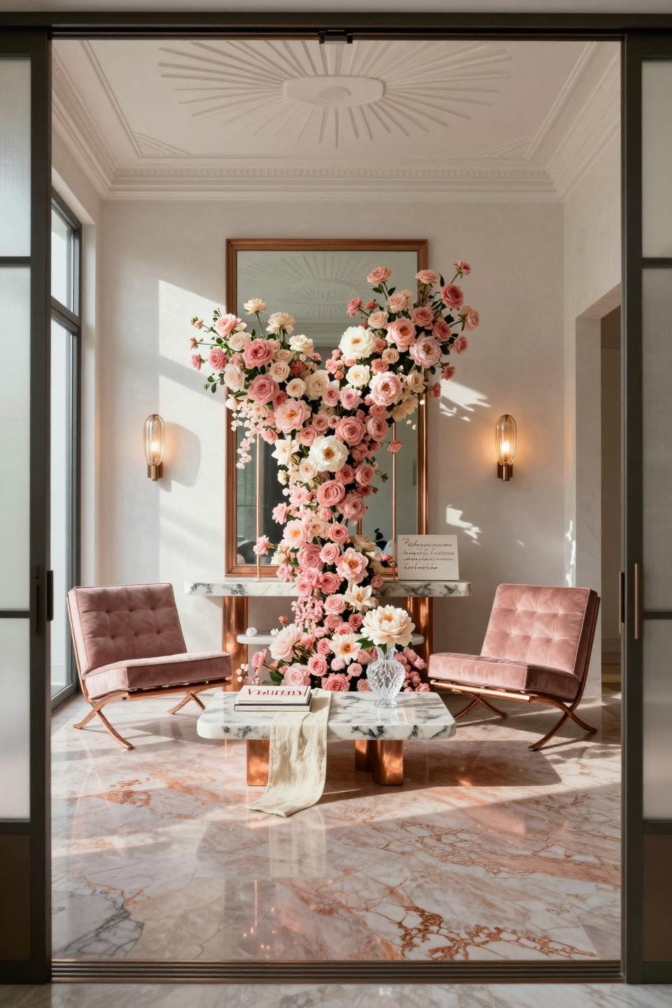 Valentine Day Door Decorations Classroom with seven-foot floral cascade in copper framework