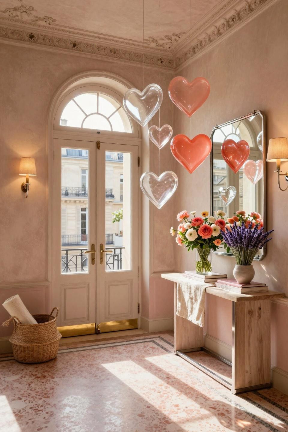 Valentine Day Door Decorations Classroom with sculptural glass hearts in blush tones